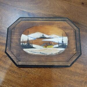 Vintage Wood Hand Carved And Hand Painted Mountain Scene. 5 X8 Inches